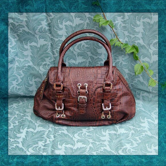 NEW MAZZINI Brown Leather Bag w/Tag Croc Embossed - Picture 1 of 15
